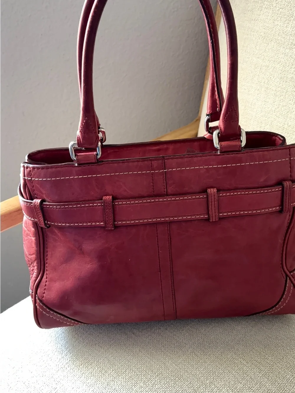 Coach Burgundy Leather Satchel with Silver Hardware